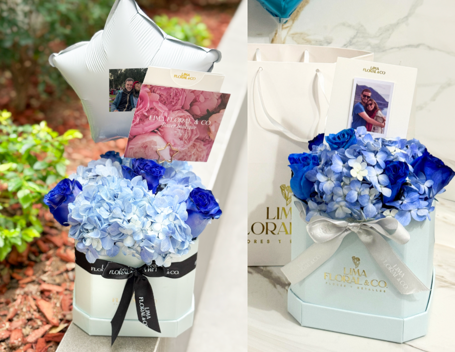 Love Box: Rosas y Hortensia Azul