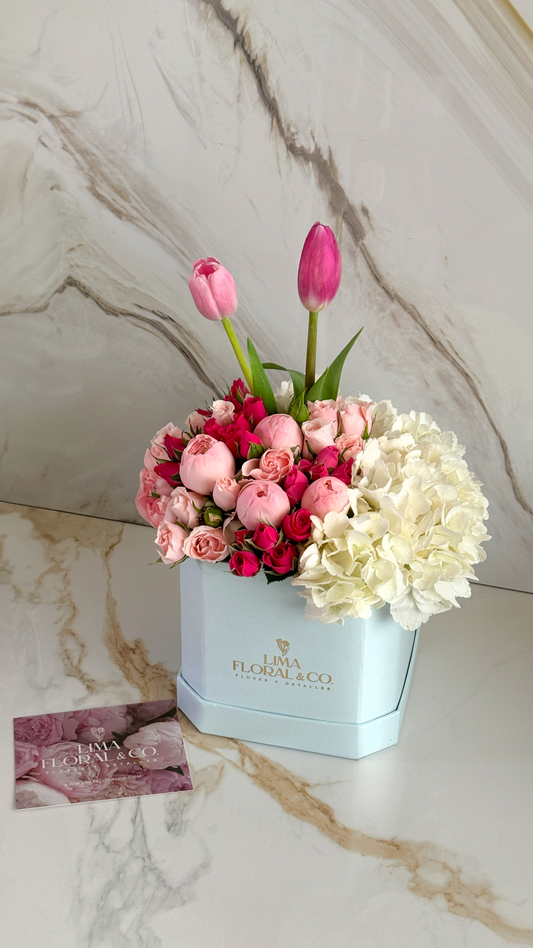 Box Floral: Tulipanes, Rosas Inglesas Peonias, Mini Rosas y Hortensias