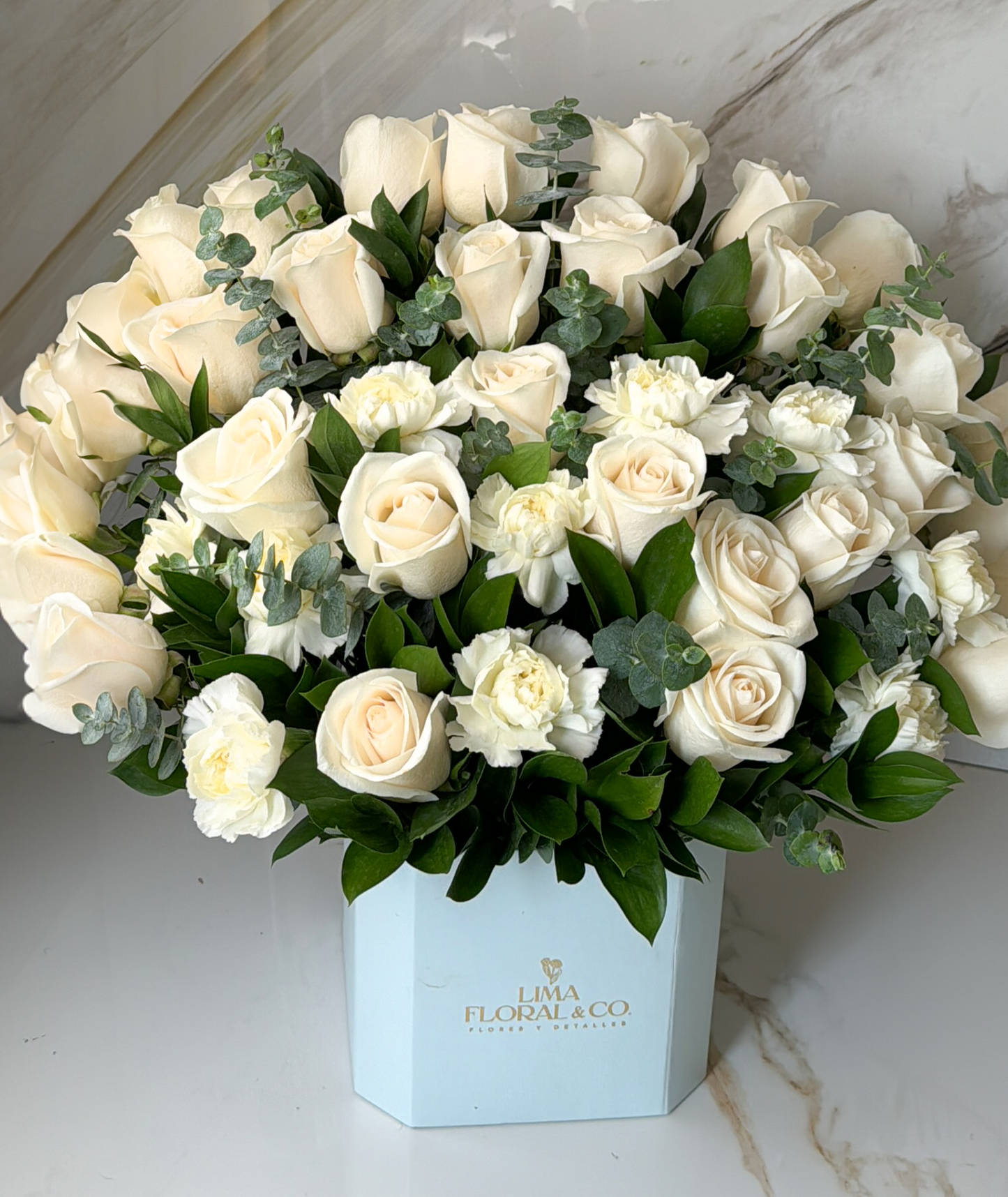 Box Blanca: rosas y claveles