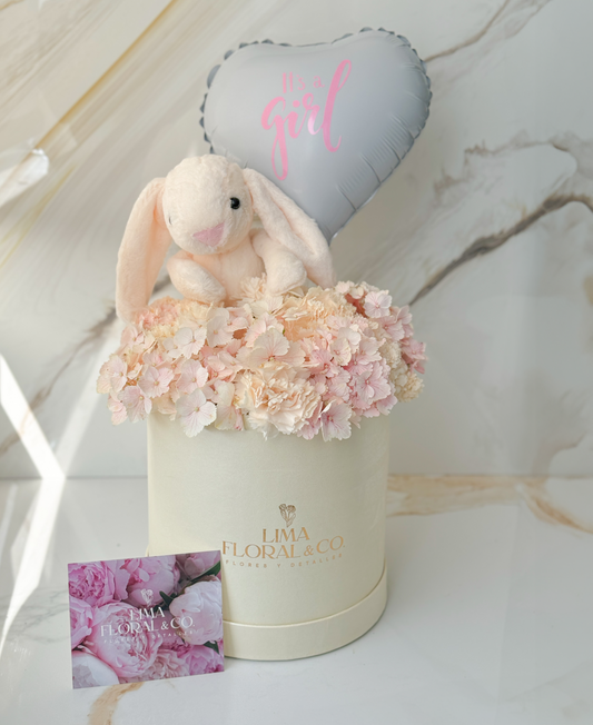 Box Baby in Bloom - Bienvenida Bebé Conejita de Peluche Newborn, Nacimiento, Baby Shower.