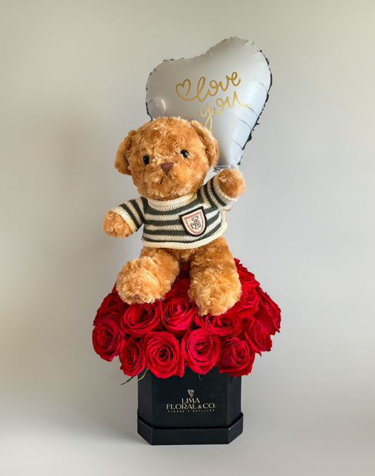 Mini Luxury Box 40 Rosas + Osito de Peluche Teddy