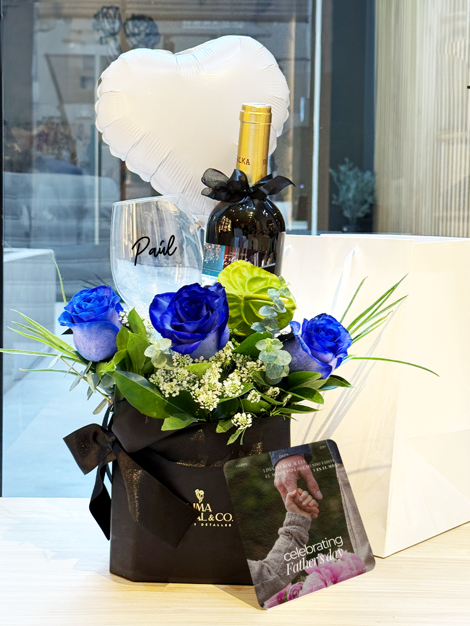Rosas para papá, vino + copa