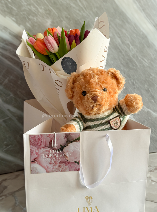 Pack Tulip Love: Ramo 15 Tulipanes Multicolor + Osito Teddy de Peluche