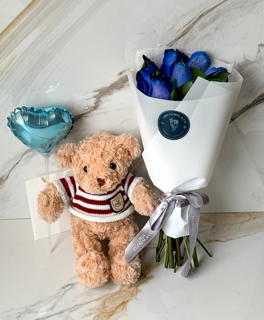 Ramo 6 rosas azules + teddy