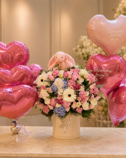 Pack New Born: Box Aissa + 8 globos con helio personalizados