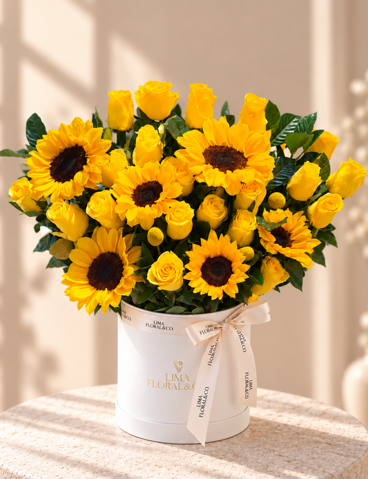 Box Amarillo : rosas amarillas y girasoles