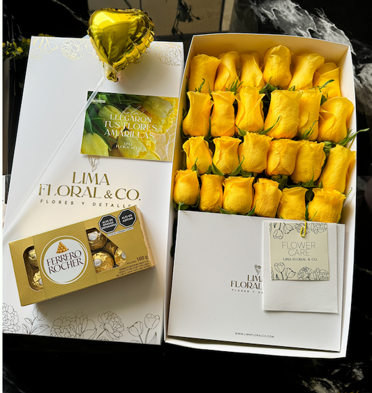Caja 24 Rosas y Chocolates Ferrero Rocher - Flores Amarillas