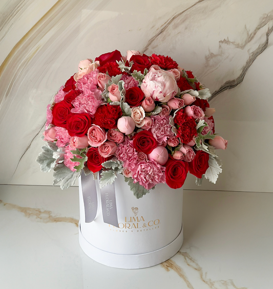 Box Dreamy: Rosas, claveles y 1 peonia