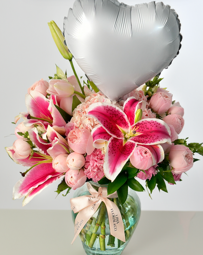 Jarrón Pink: Lirios y rosas inglesas