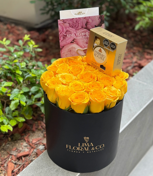 Box Felicidad: 25 Rosas Amarillas & Chocolates - Flores Amarillas