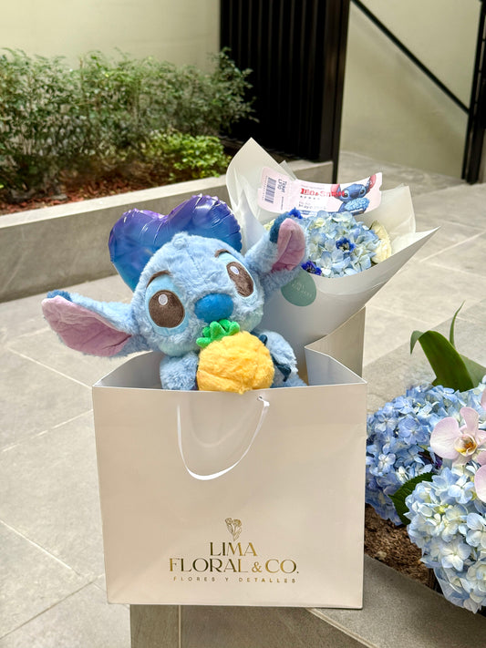 Pack Bubbles: Peluche Stitch + mini ramo + invitación