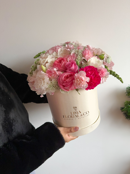 Box Pink Dreams: Rosas Importadas, Hortensias, Lisianthus, Mix de flores premium